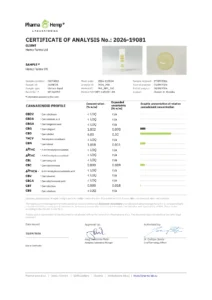 Certificat de analiză (COA) de la laboratorul PharmaHemp pentru uleiul CBD Hemp Farms 5%